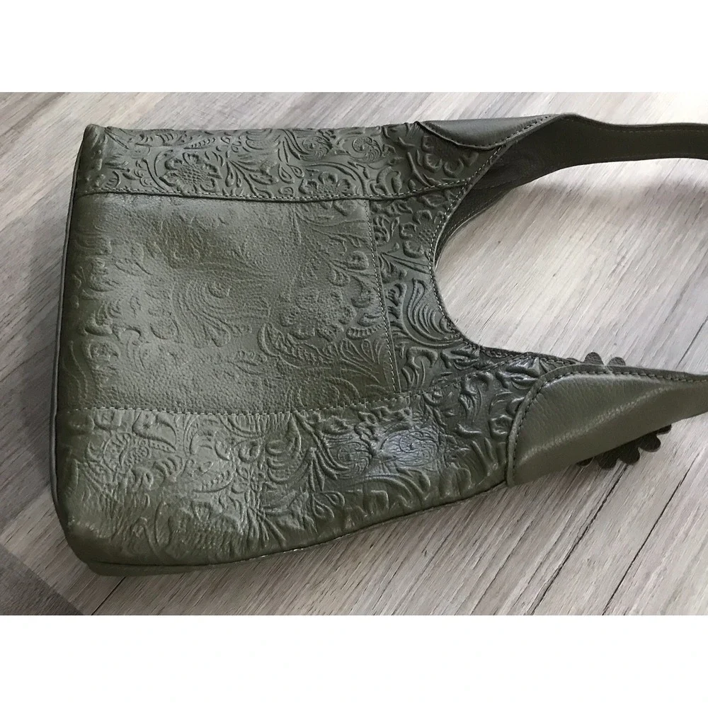 Shoulder Bag Tooled 100% Olive Green Leather Purse Handbag Made in India